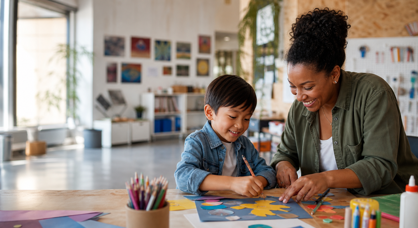 Mentor and child creating together at Tree House