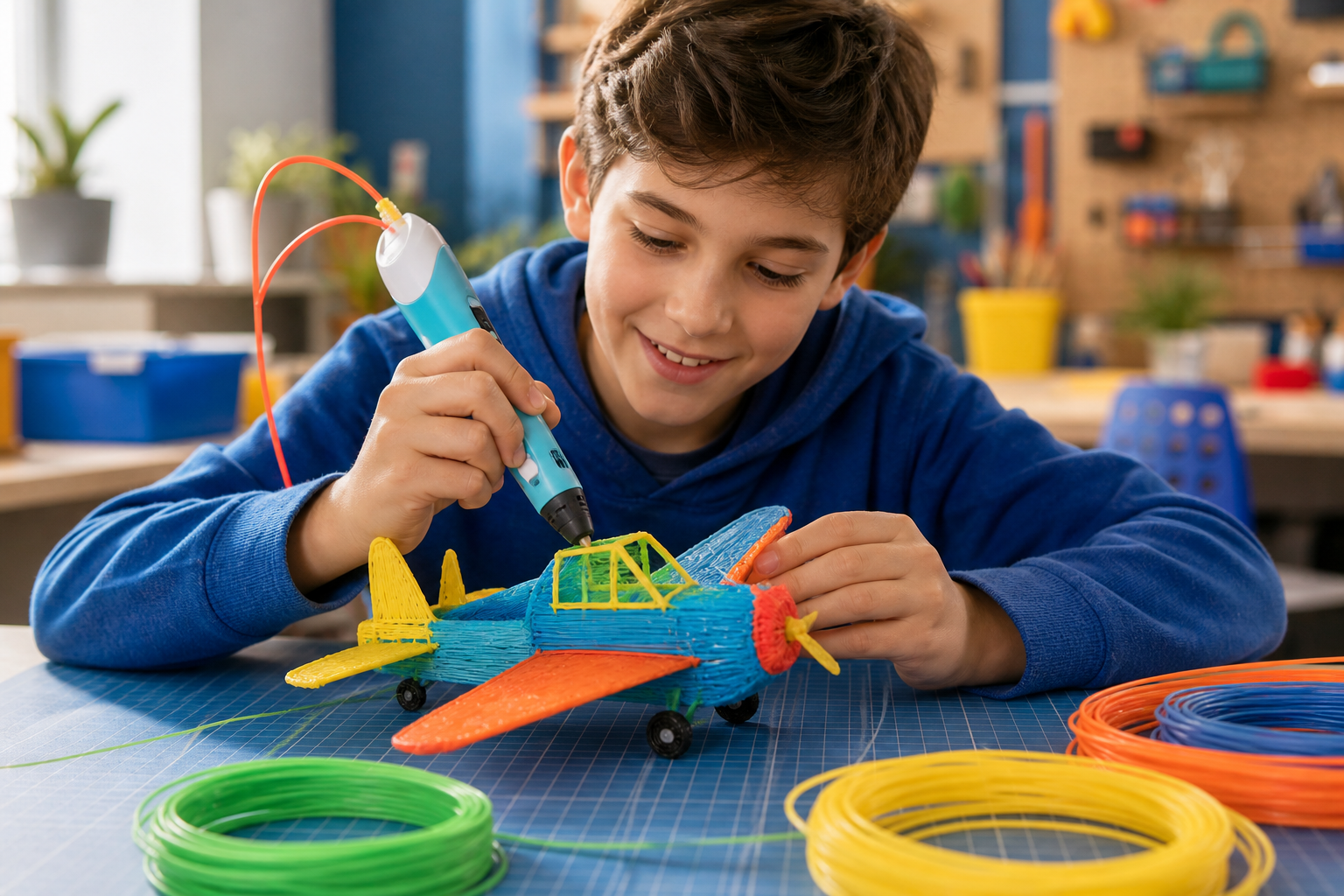 Child creating a colorful toy airplane with a 3D printing pen