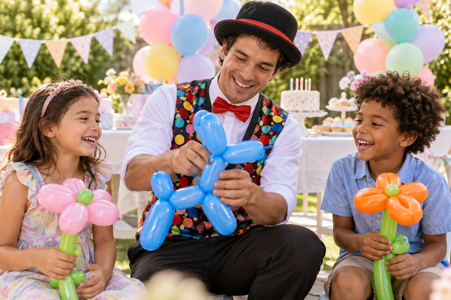 An entertainer making colorful balloon animals for children