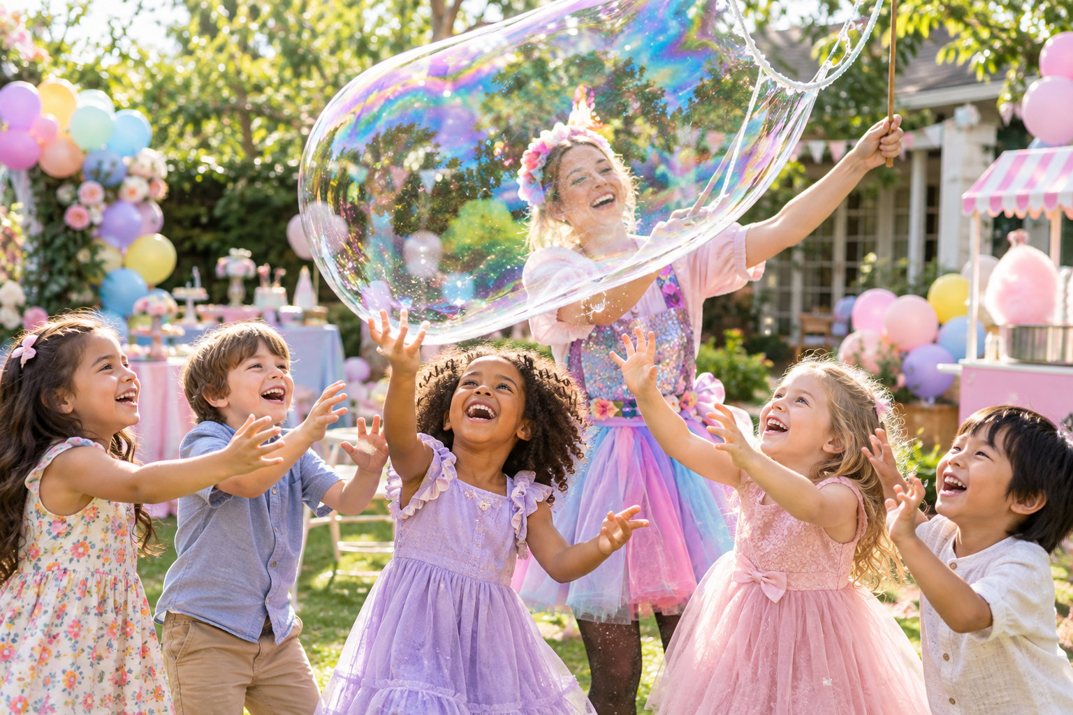 Children playing with giant bubbles at a decorated garden party