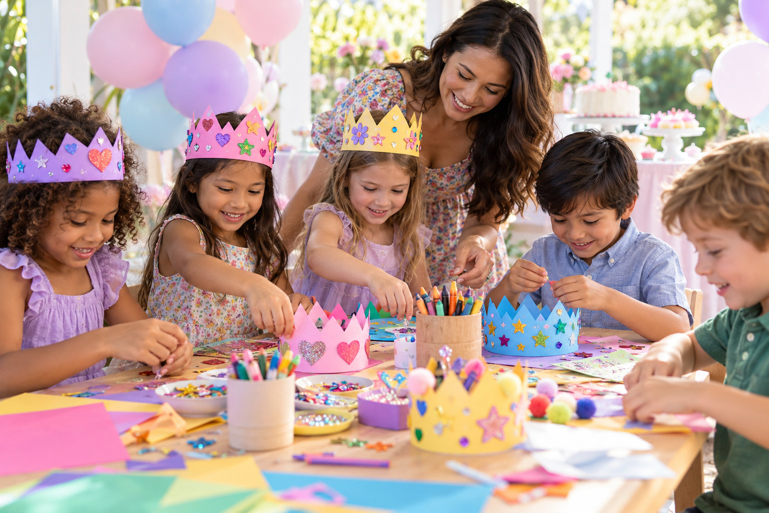 Children making colorful crowns at a birthday craft table