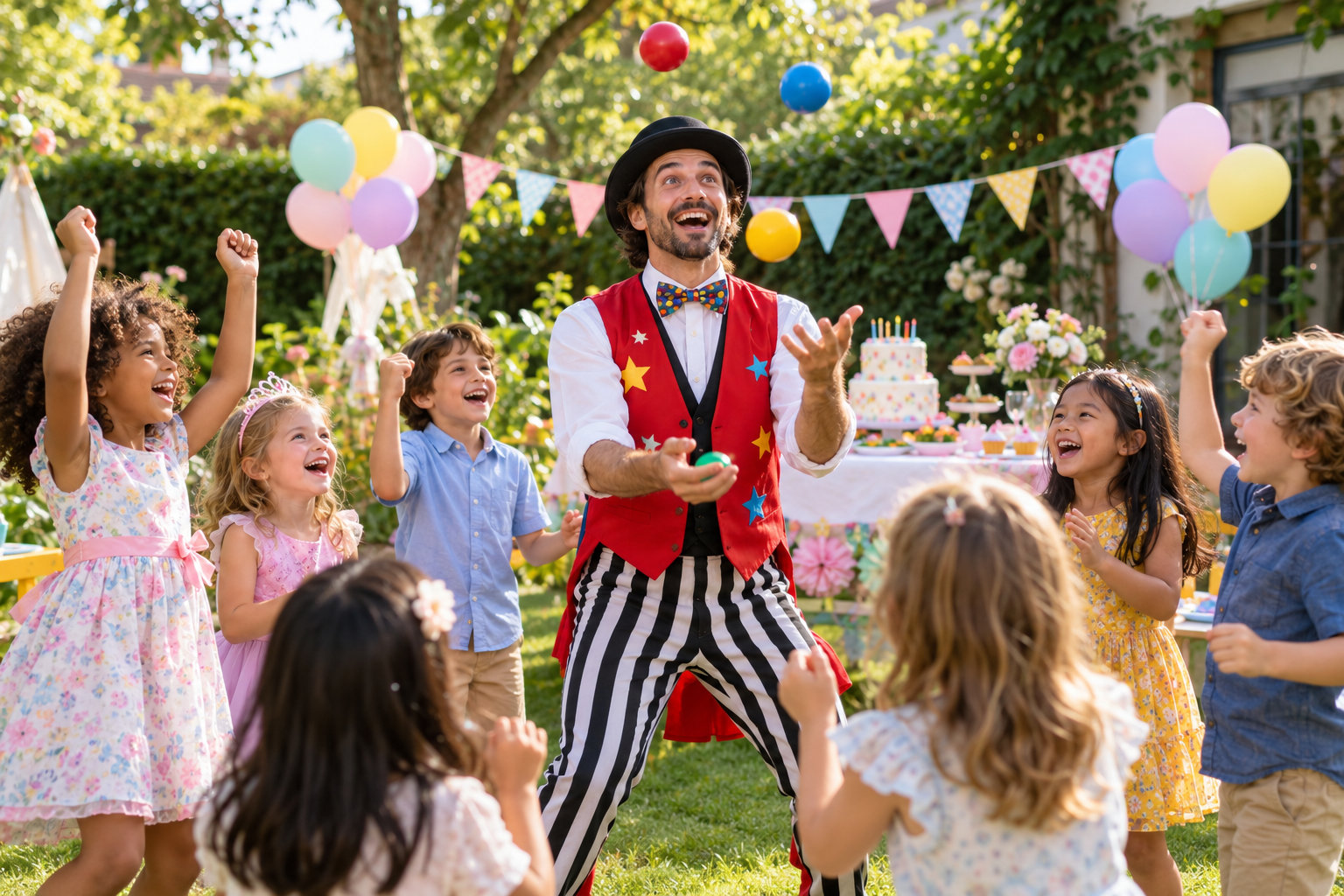 Children cheering for a juggler at a lively birthday celebration