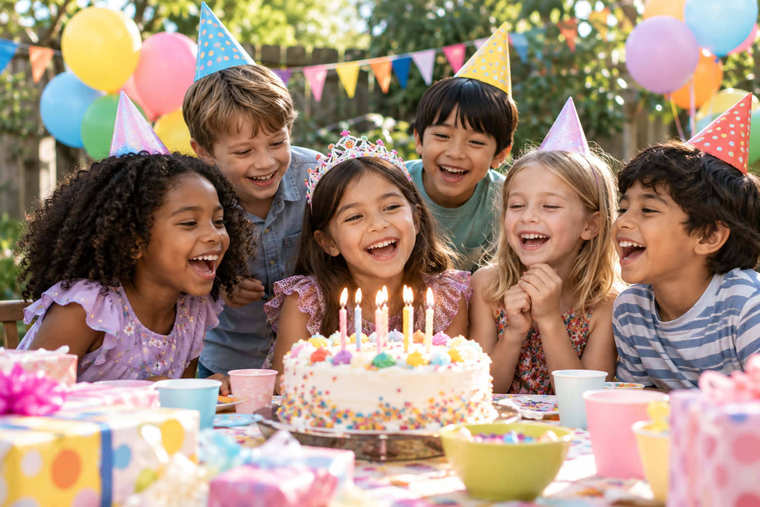 Children laughing around a birthday cake at a colorful garden party
