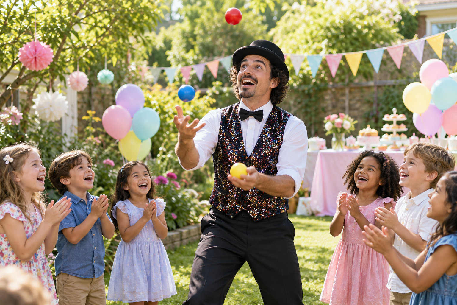 Children watching an entertainer juggle colorful balls