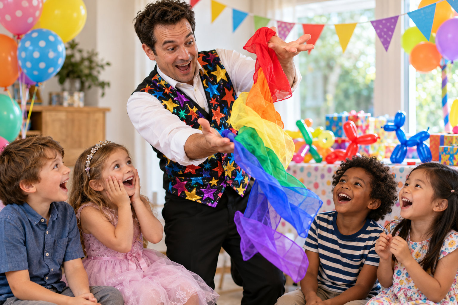 Children laughing as a magician performs a colorful silk scarf trick at a birthday party