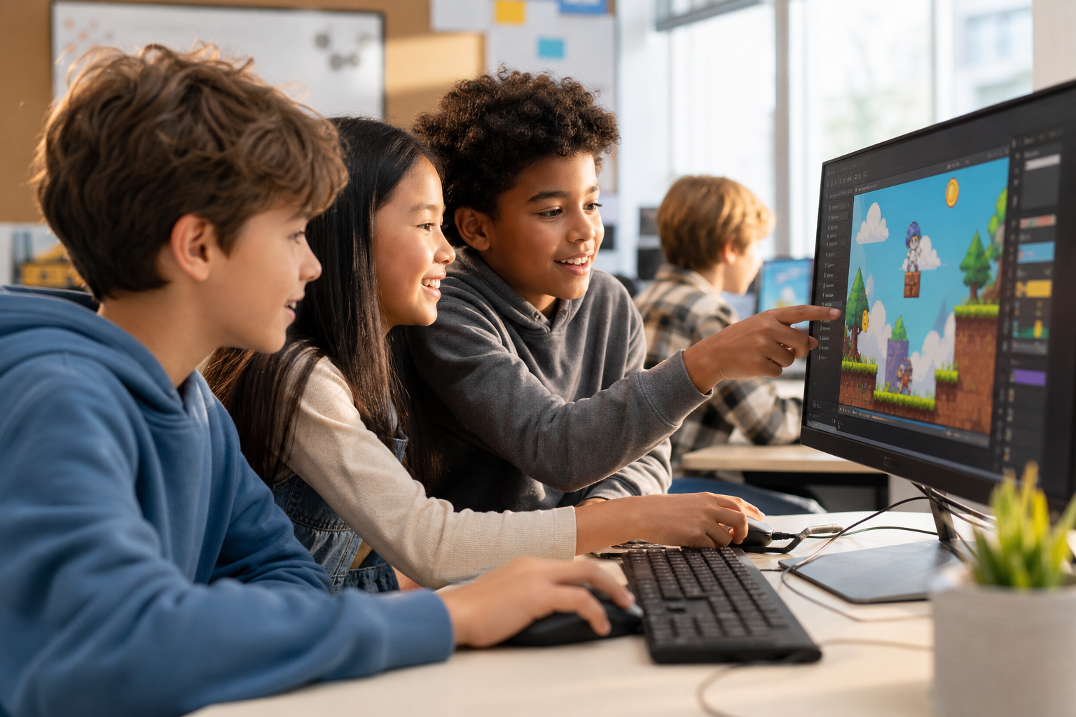 Children collaborating in the Game Development program