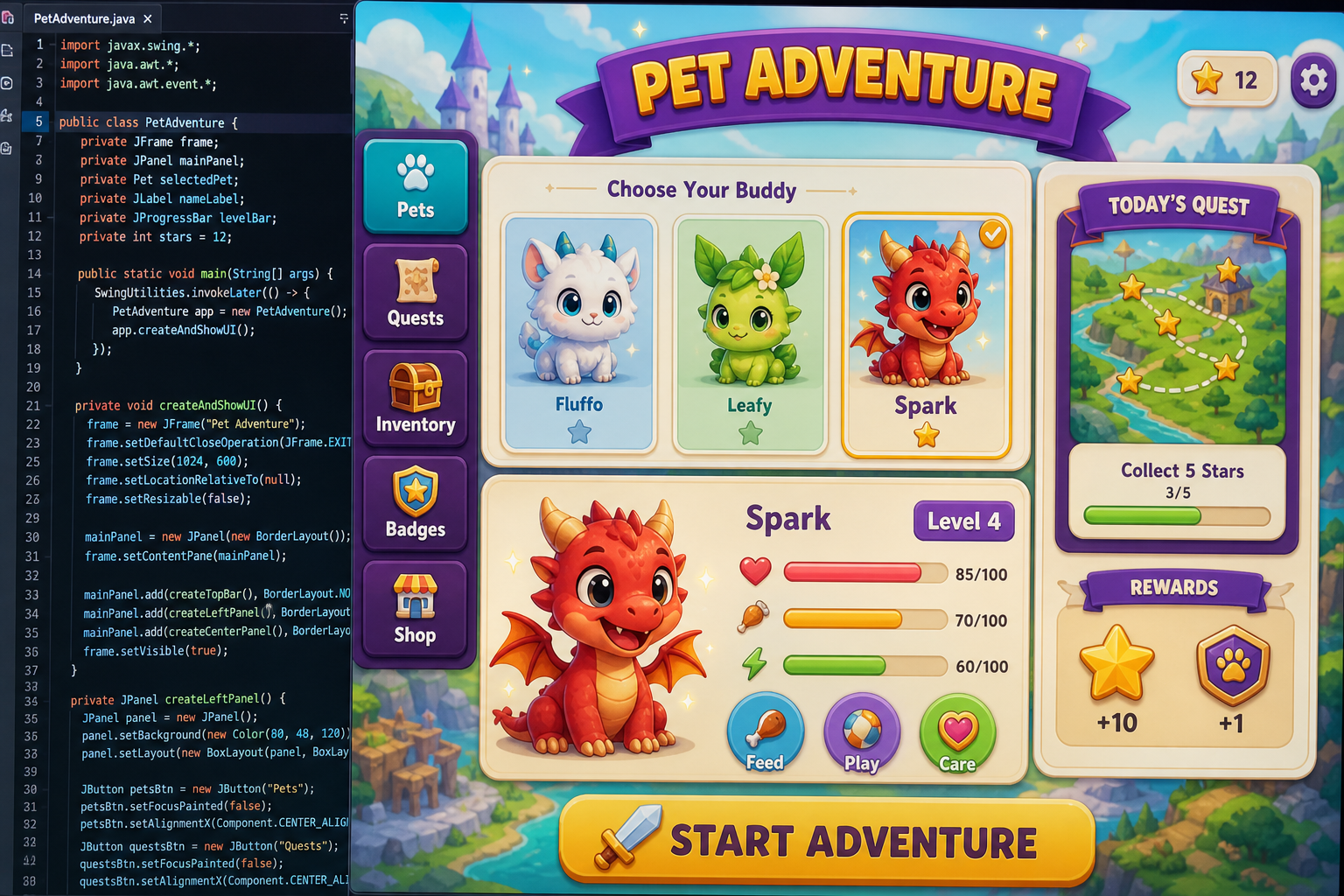 Child-friendly Java pet adventure application alongside its source code