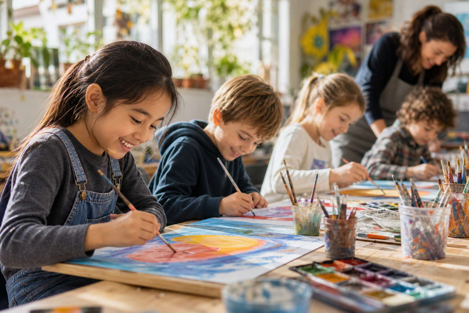 Children creating artwork in the Little Artist class