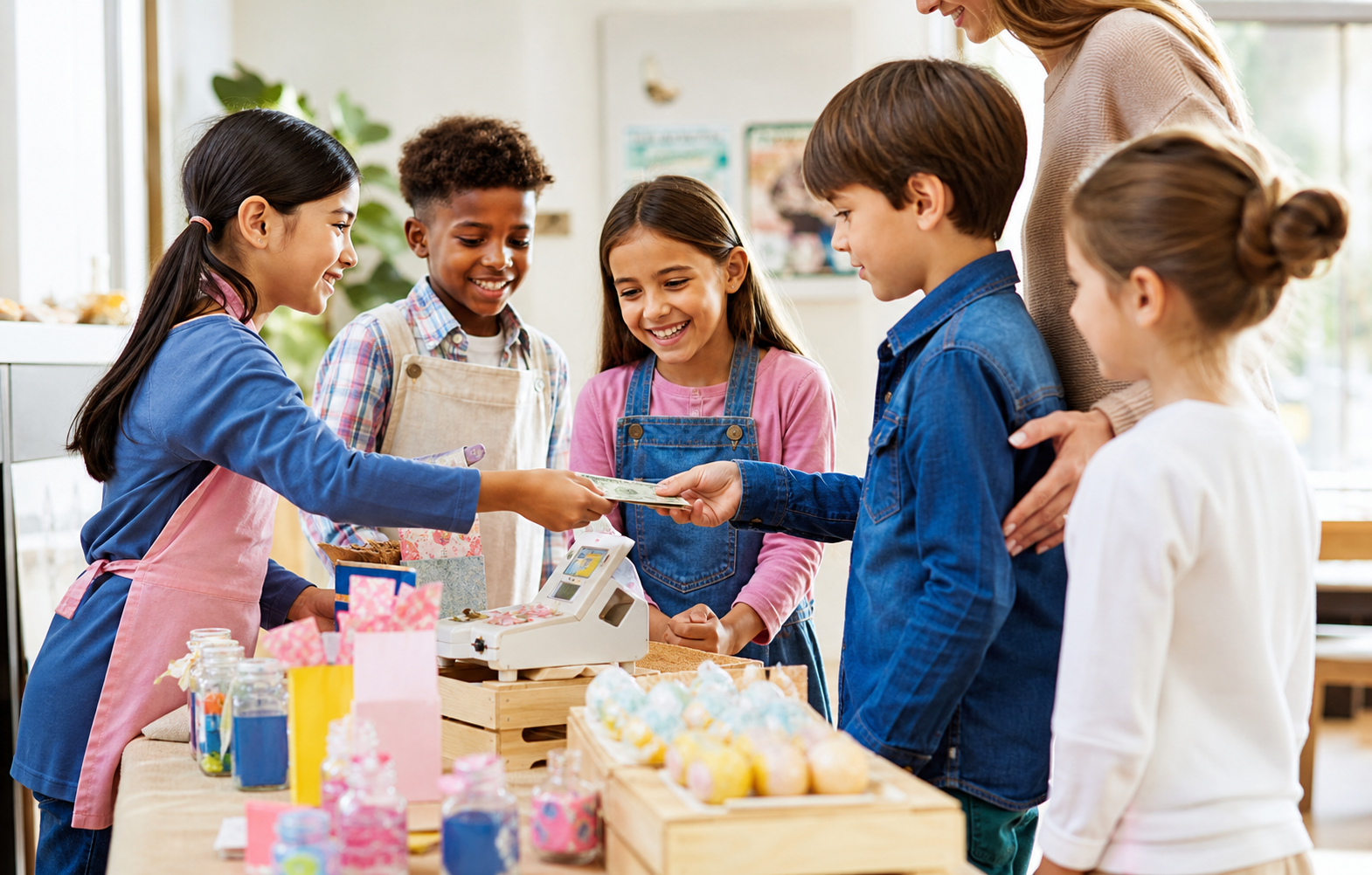 Children collaborating in the Little Entrepreneurs program