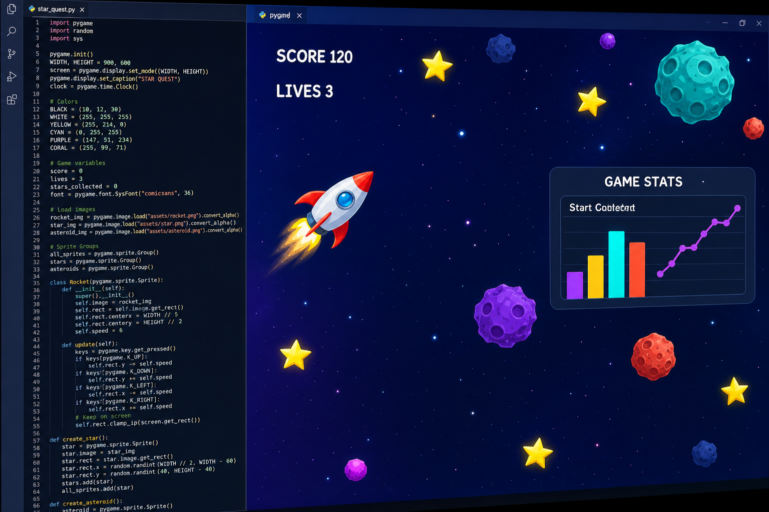 Python Pygame space adventure with colorful game statistics charts