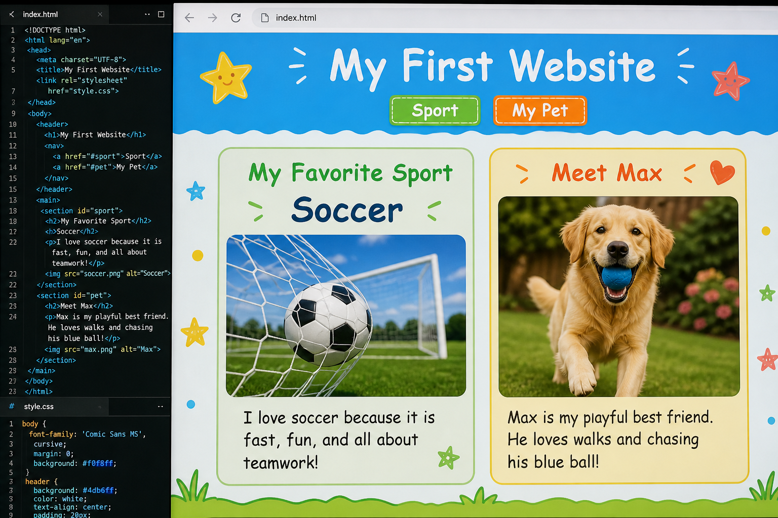Child's first webpage featuring a favorite sport and pet alongside HTML and CSS