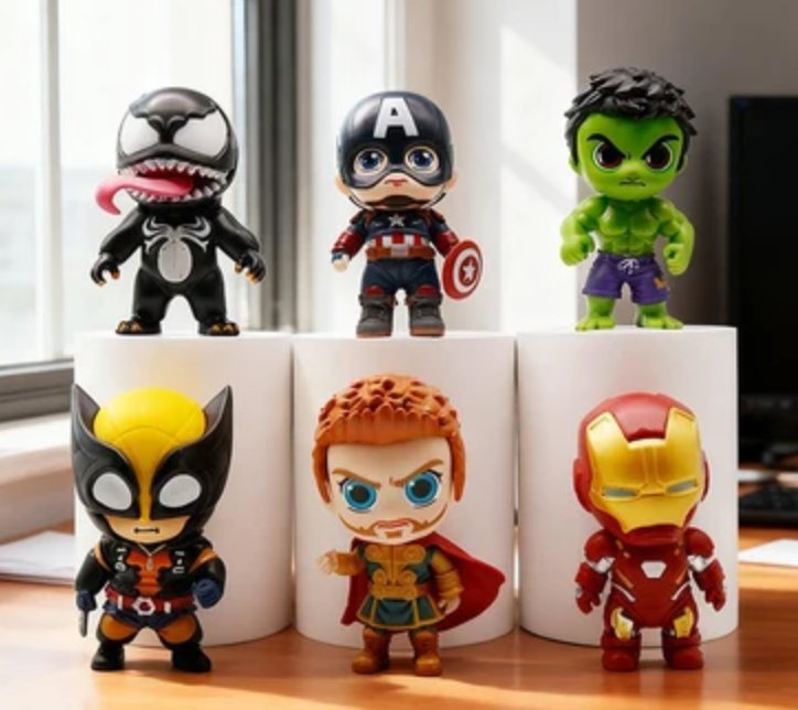 Collection of colorful superhero-style miniature figures