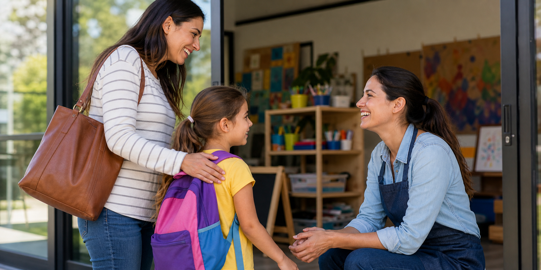 Parent and child arriving for a flexible summer camp session