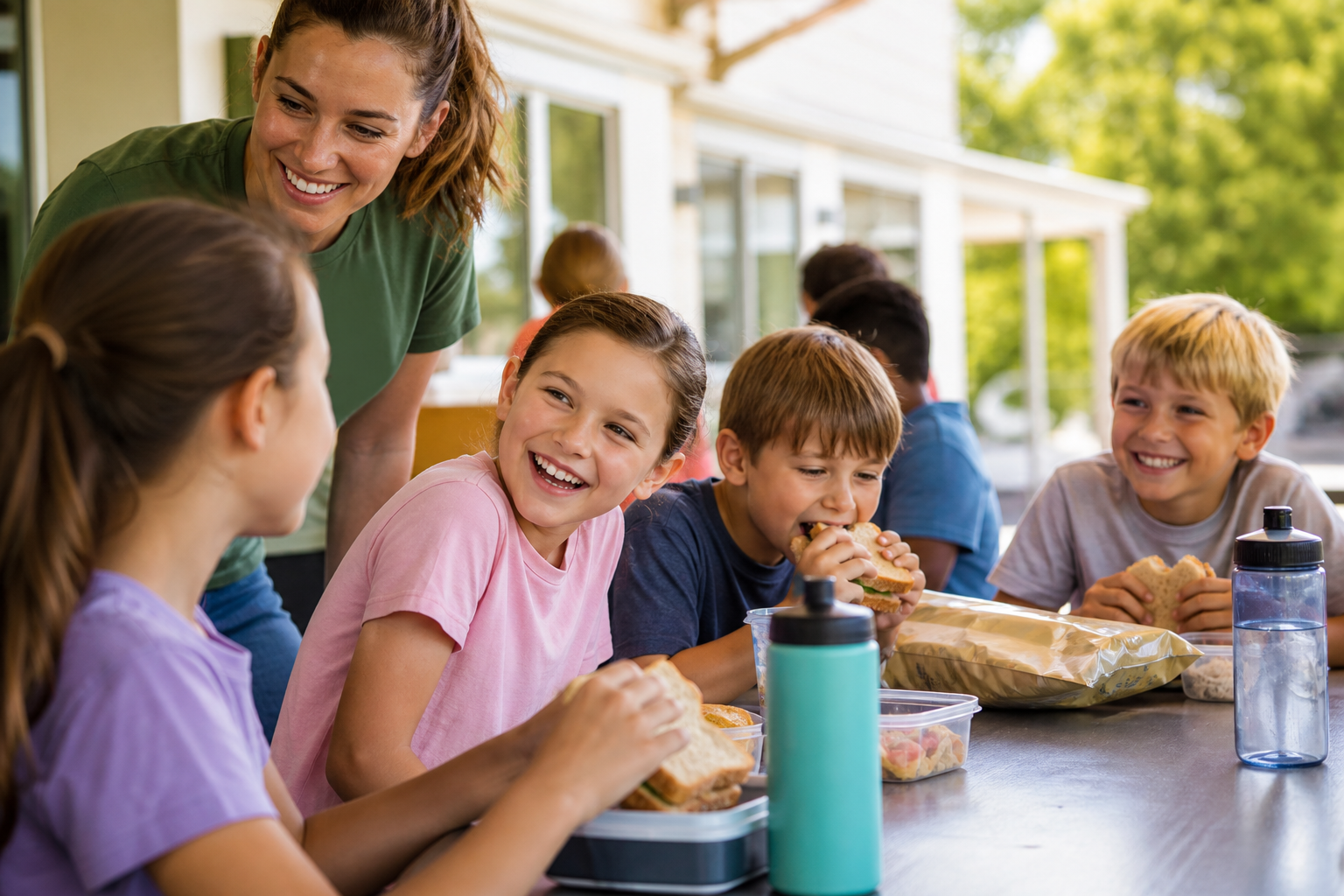 Children enjoying a camp lunch together